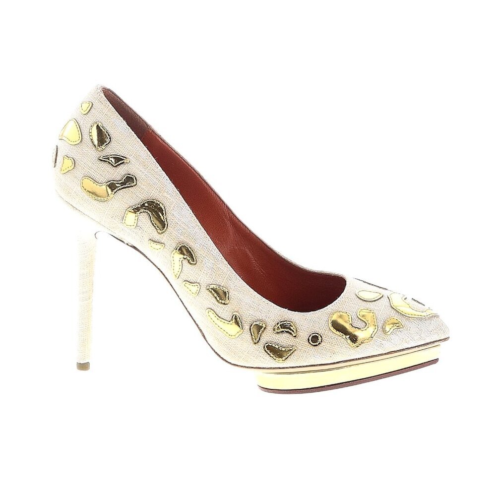 Charlotte Olympia Ivory Linen Leopard Appliqué Pumps Heels EU 40 / US 10 NIB - Picture 2 of 9